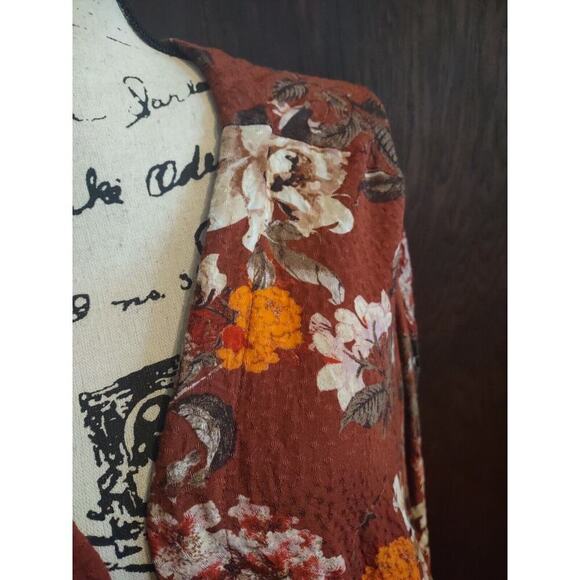 Miss Me floral kimono Medium Bohemian Boho Viscose Bell Sleeve Hippie Fall Brown - Picture 2 of 8